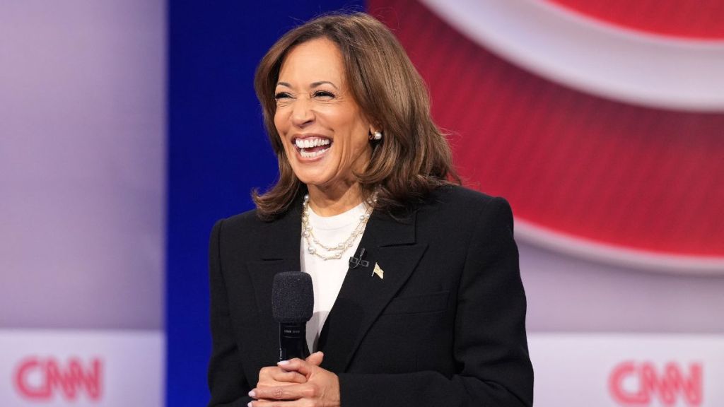 Democratic presidential nominee, U.S. Vice President Kamala Harris speaks during a CNN Presidential Town Hall at Sun Center Studios on October 23, 2024 in Aston, Pennsylvania. With less than two weeks to Election Day, Harris spent the day in Philadelphia, Pennsylvania and made a visit to Famous 4th Street Delicatessen to greet supporters.