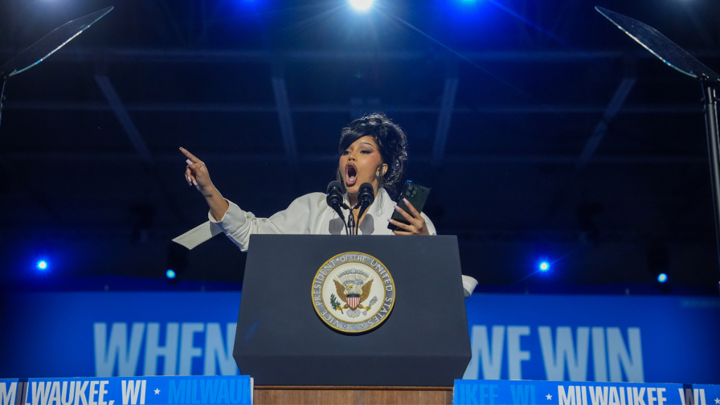 Cardi B speaks during a campaign rally for Democratic presidential nominee, U.S. Vice President Kamala Harris at the Wisconsin State Fair Park Exposition Center on November 1, 2024 in West Allis, Wisconsin.
