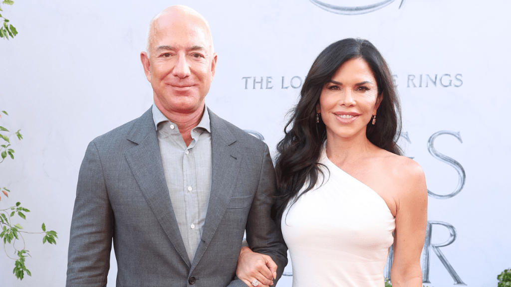 Lauren Sanchez and Jeff Bezos attend the 2025 Breakthrough Prize Ceremony at Barker Hangar on April 05, 2025 in Santa Monica, California.