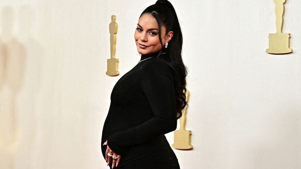 Vanessa Hudgens Shows Off Baby Bump in Sheer Brown Dress