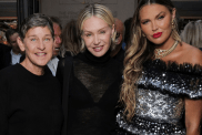 Ellen DeGeneres with dark hair and Portia de Rossi