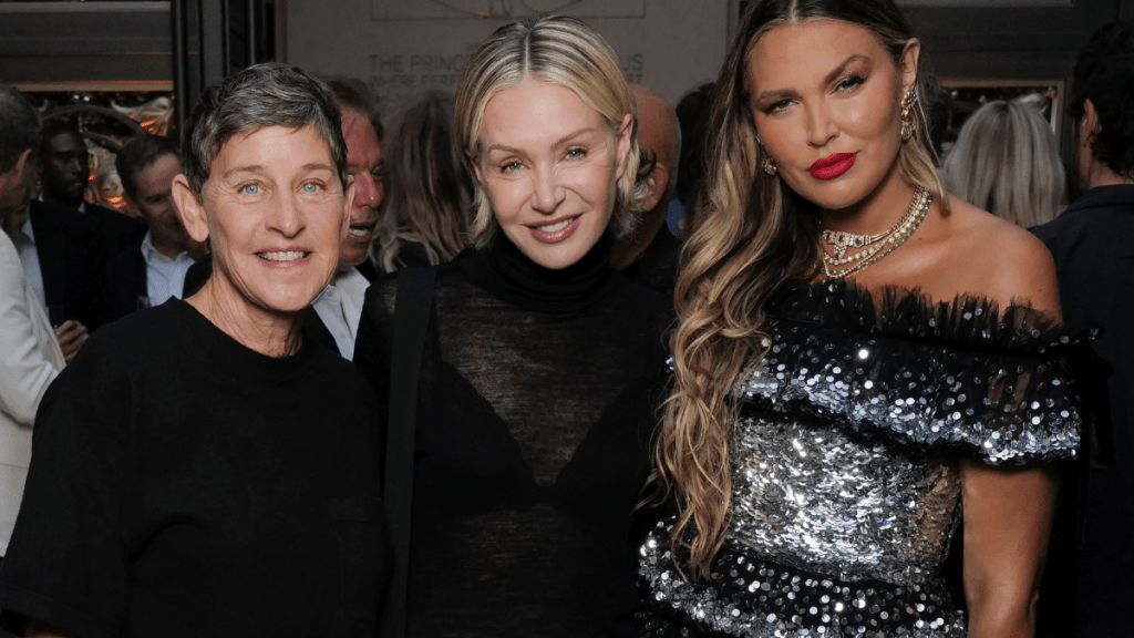 Ellen DeGeneres with dark hair and Portia de Rossi