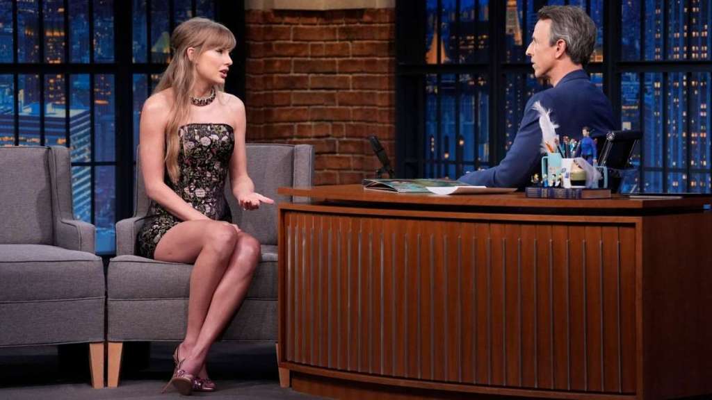 Taylor Swift Retains Her Showgirl Era in Floral Look for Seth Meyers Show