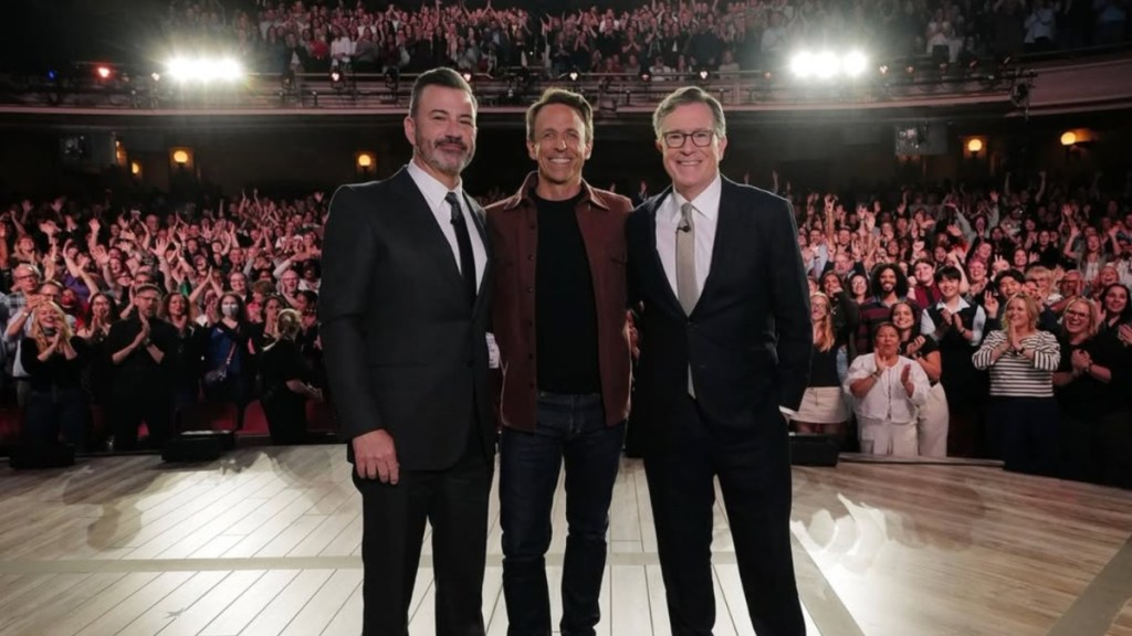 Jimmy Kimmel Posing With Seth Meyers & Stephen Colbert Has Fans Saying 'Legends Being Legendary'