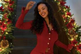 Maya Jama Dons Festive Red Slinky Unbuttoned Shirt in Christmas Photos