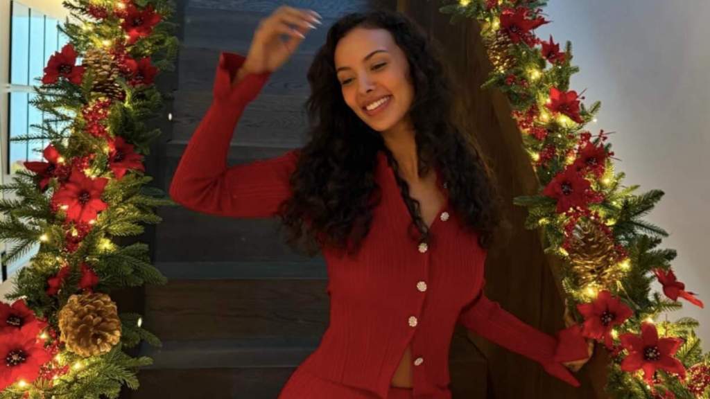 Maya Jama Dons Festive Red Slinky Unbuttoned Shirt in Christmas Photos