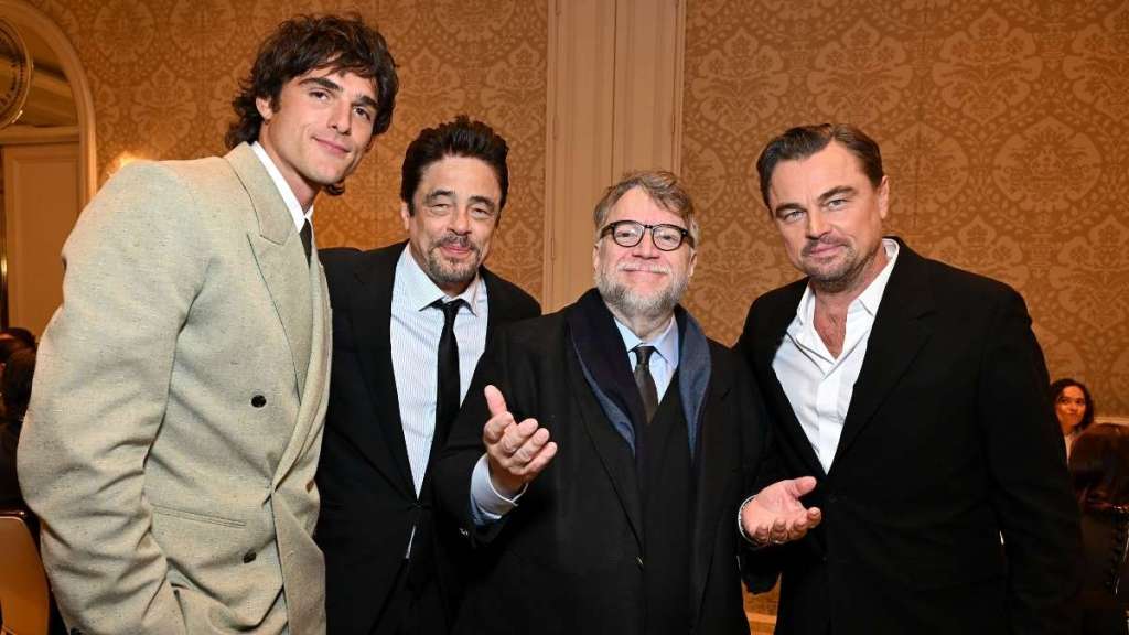 Jacob Elordi, Benicio del Toro, Guillermo del Toro, and Leonardo DiCaprio