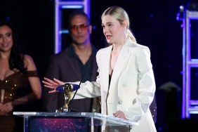 Elle Fanning Styles Strapless Bikini Top Under Blazer at Saturn Awards